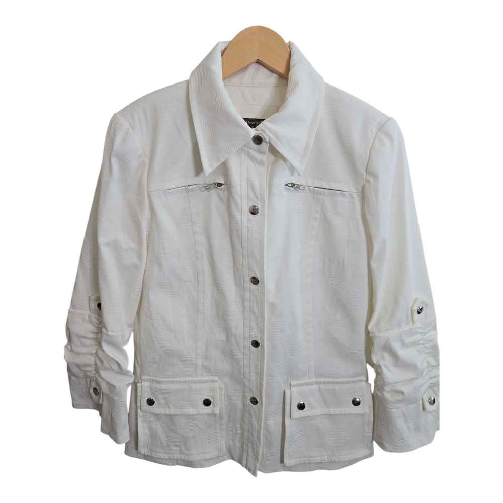 Anthracite Ivory Textured Button Jacket Size 8 Silver Accent‎ Chic Casual